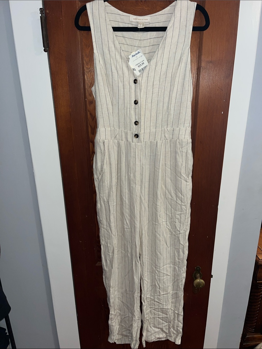 Light Cream Pinstripe Linen Jumpsuit - Sleeveless Button Front